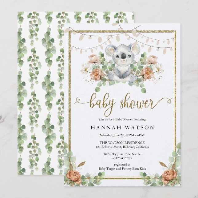 Invitación Koala Eucalyptus Woodland Boho Baby Shower (Anverso / Reverso)