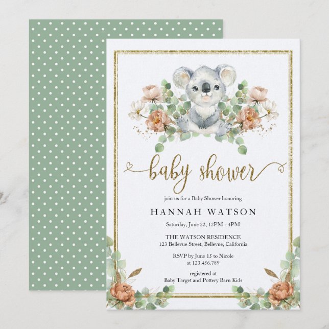 Invitación Koala Eucalyptus Woodland Elegante Baby Shower (Anverso / Reverso)