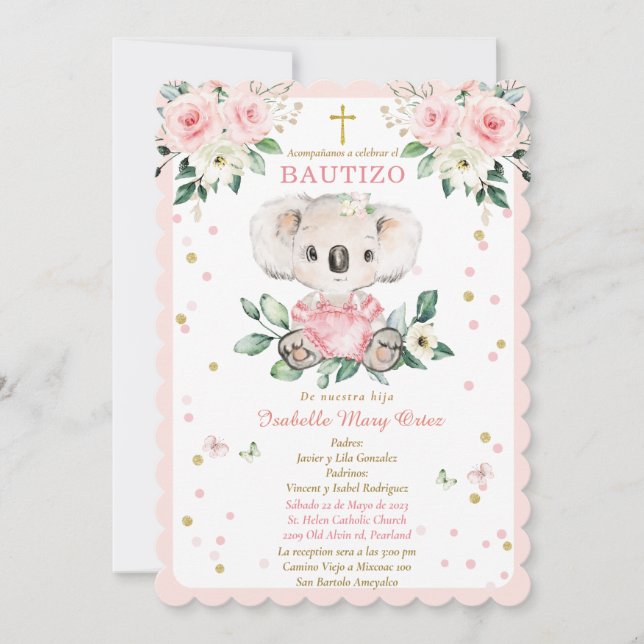 Invitación Koala para el bautizo de nuestra hija (Anverso)