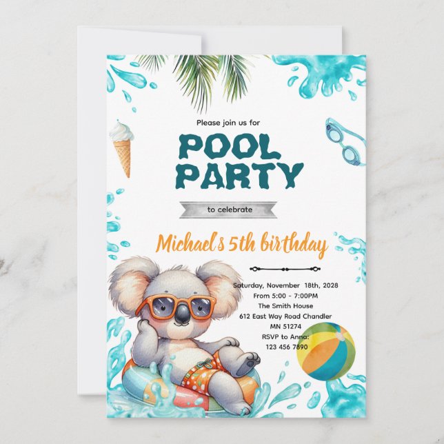 Invitación Koala Pool Party Birthday Invitation (Anverso)