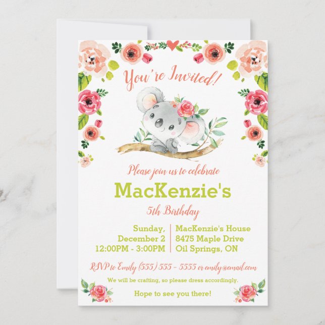 Invitación Koala y la fiesta de cumpleaños floral (Anverso)