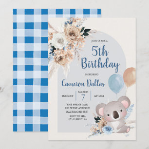 Invitación Koala y Pampas Grass Dark Blue Birthday Party