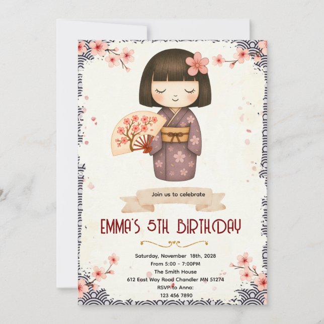 Invitación Kokeshi Doll birthday party invitation (Anverso)