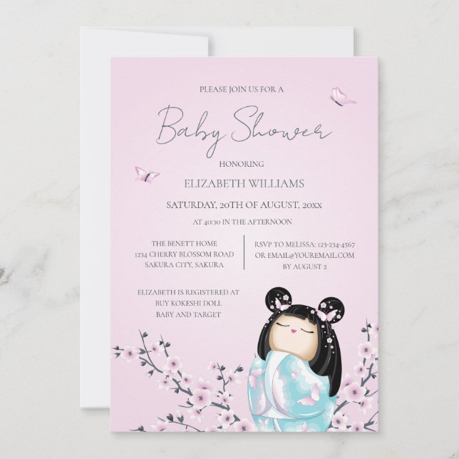 Invitación Kokeshi Doll Cherry Blossoms Baby Shower (Anverso)