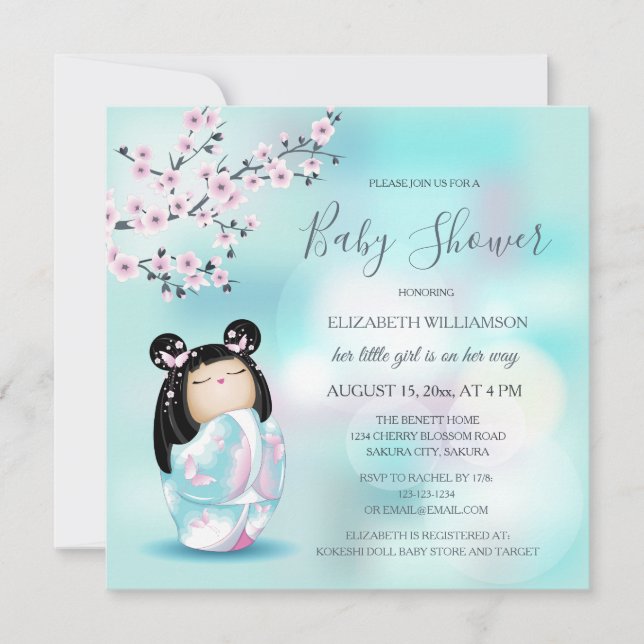 Invitación Kokeshi Doll Cherry Blossoms Baby Shower (Anverso)