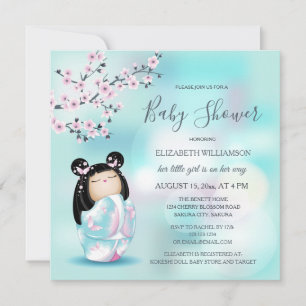 Invitación Kokeshi Doll Cherry Blossoms Baby Shower