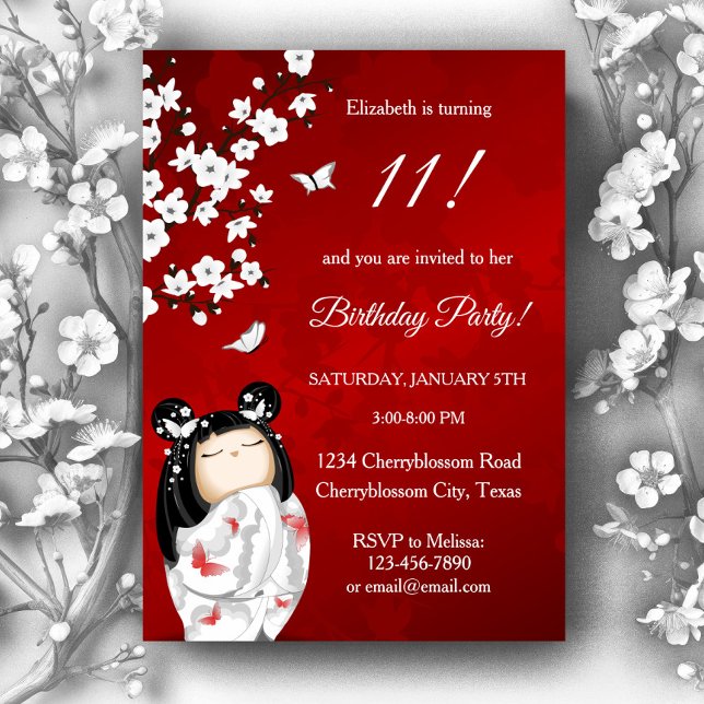 Invitación Kokeshi Doll rojo blanco | Cumpleaños del Chica (Subido por el creador)