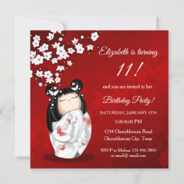 Invitación Kokeshi Doll rojo blanco | Cumpleaños del Chica