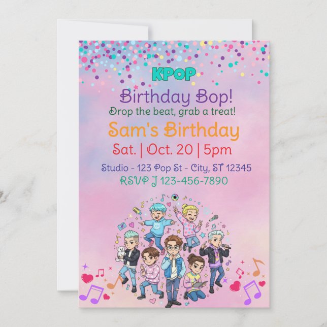 Invitación KPOP Birthday Bop, Colorful Boy Band (Anverso)