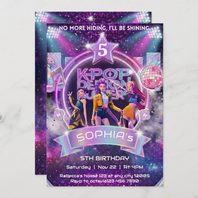 Invitación KPOP Demon Hunters Birthday Invitation Editable (Anverso / Reverso)