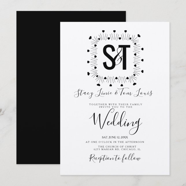 Invitación Kraft, Boda blanco negro dibujado a mano (Anverso / Reverso)