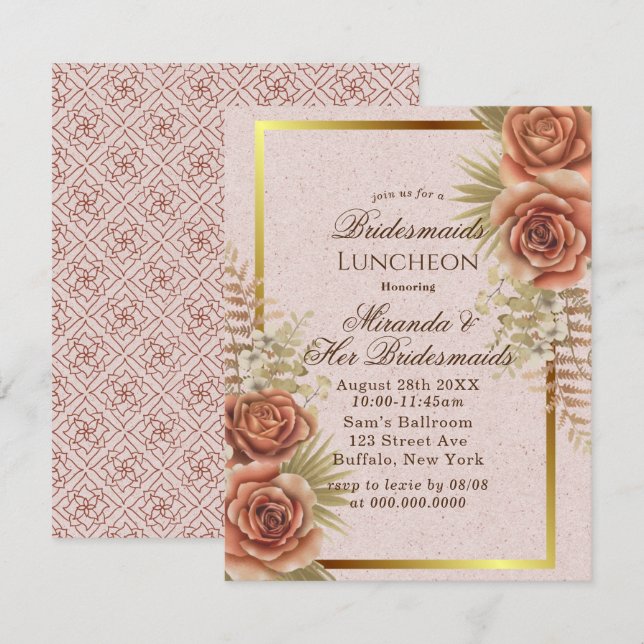 Invitación Kraft Brown Pintó Bridesmaids Florales Luncheon (Anverso / Reverso)