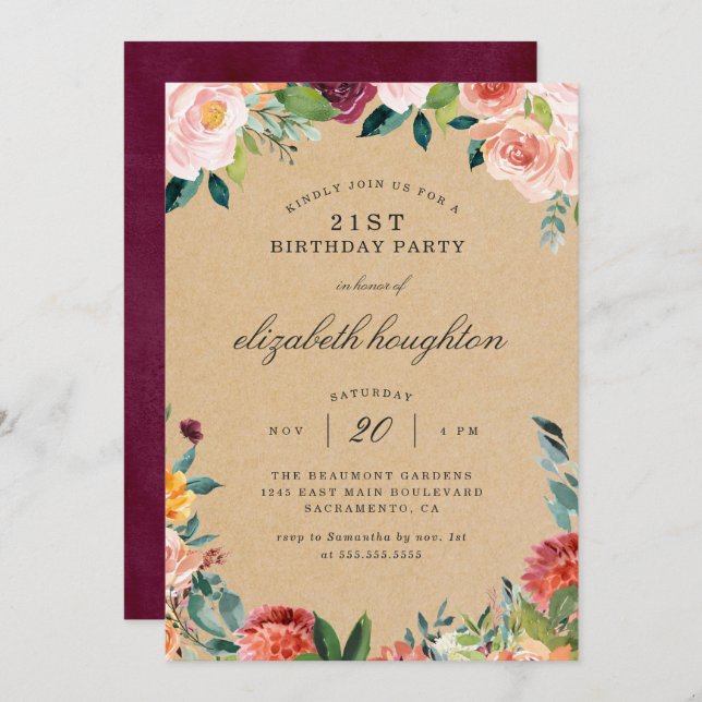 Invitación Kraft Burgundy Rubor Pink Floral Birday Party (Anverso / Reverso)
