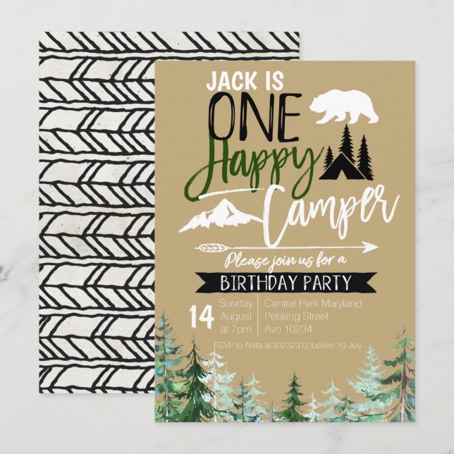 Invitación Kraft Camper, primer Fiesta de campamento de cumpl (Anverso / Reverso)