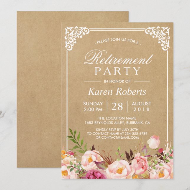 Invitación Kraft de marco floral ruso | Fiesta de Jubilación (Anverso / Reverso)