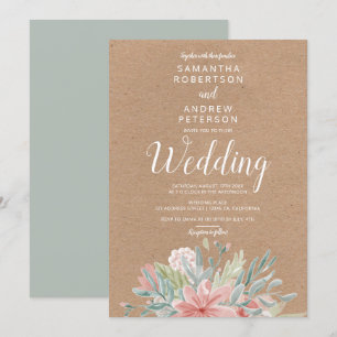 Invitación Kraft Dusty boda de acuarela de color verde rosa