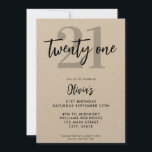 Invitación Kraft Elegante 21 cumpleaños moderno<br><div class="desc">Una invitación moderna y sencilla de 21 años,  con tipografía caligráfica elegante y diseño minimalista en papel kraft.</div>