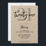 Invitación Kraft Elegante 21 cumpleaños moderno<br><div class="desc">Una invitación moderna y sencilla de 21 años,  con tipografía caligráfica elegante y diseño minimalista en papel kraft.</div>