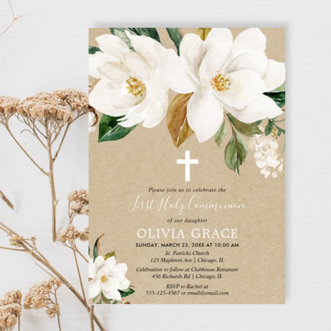 Invitación Kraft floral blanca Magnolia primera comunión sant (Subido por el creador)