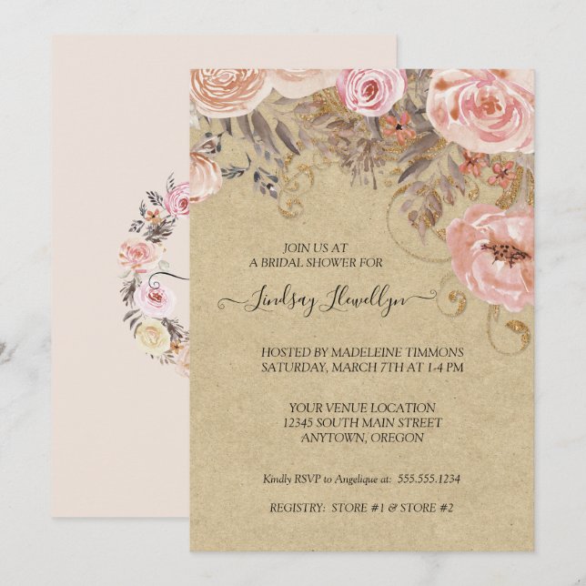 Invitación Kraft Floral Boho Peach Rosa Gold Bridal Shower (Anverso / Reverso)