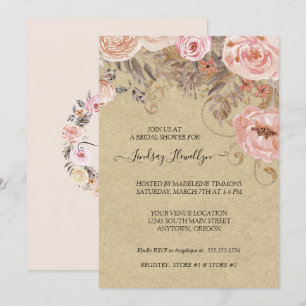 Invitación Kraft Floral Boho Peach Rosa Gold Bridal Shower