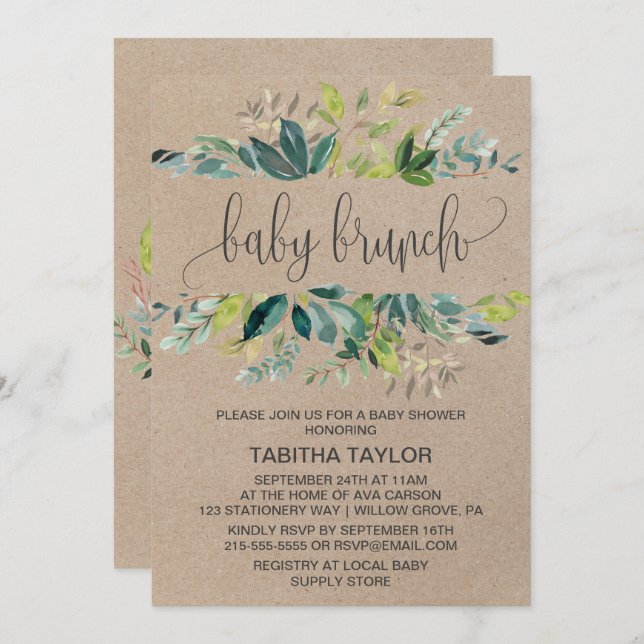 Invitación Kraft Foliage Baby Brunch (Anverso / Reverso)