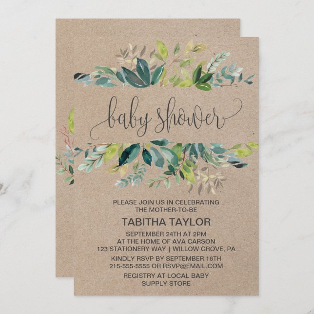 Invitación Kraft Foliage Baby Shower (Anverso / Reverso)
