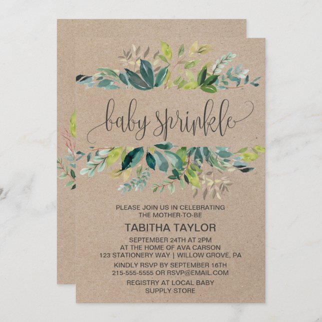 Invitación Kraft Foliage Baby Sprinkle (Anverso / Reverso)