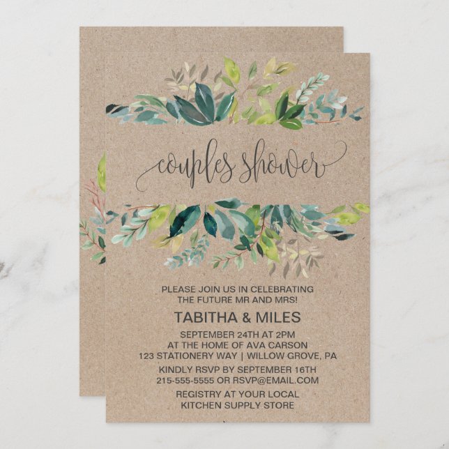 Invitación Kraft Foliage Couples Shower (Anverso / Reverso)