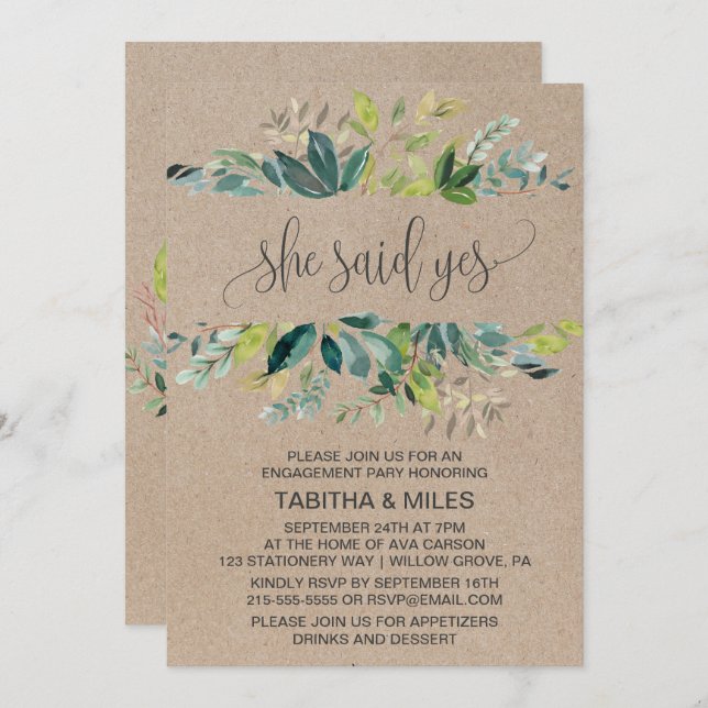 Invitación Kraft Foliage Dijo Que Sí Partido De Compromiso (Anverso / Reverso)