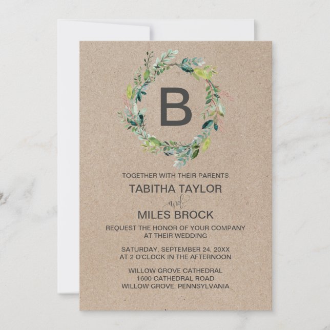 Invitación Kraft Foliage Monograma Wreath Boda (Anverso)