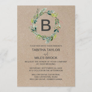 Invitación Kraft Foliage Monograma Wreath Boda