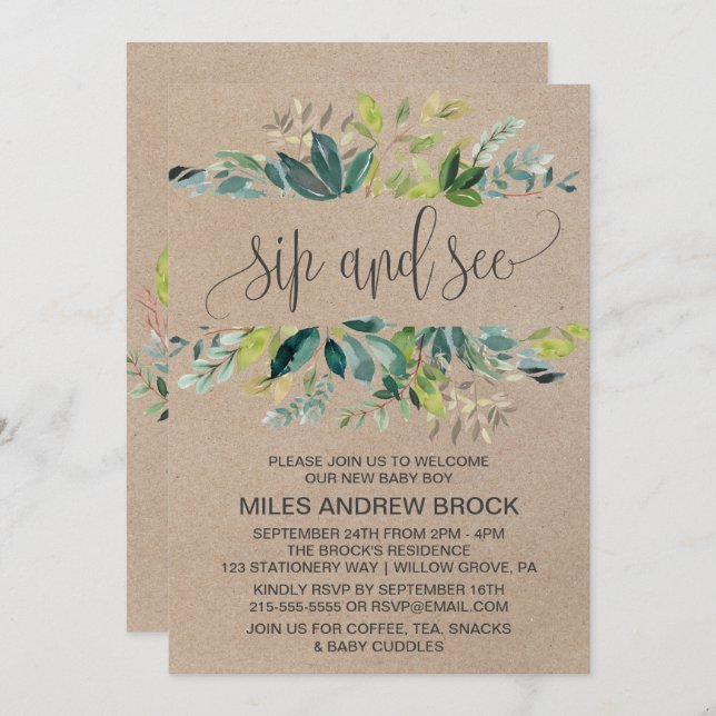 Invitación Kraft Foliage Sip y See (Anverso / Reverso)