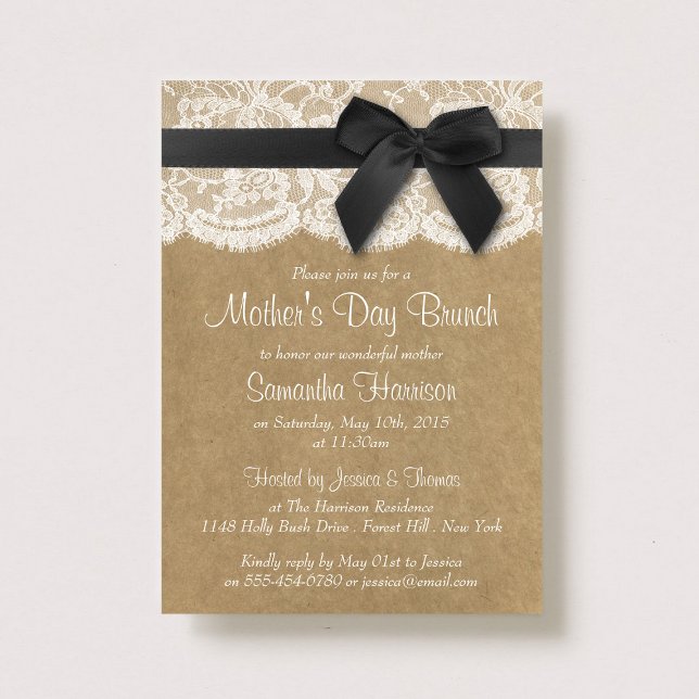 Invitación Kraft, Lace y Black Bow: Brunch del día de la madr (Subido por el creador)