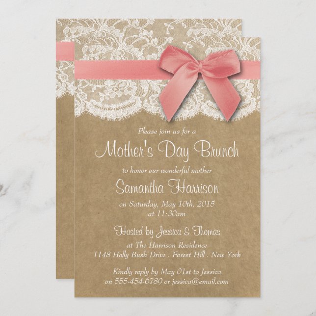 Invitación Kraft, Lace y Pink Bow: Brunch del Día de la Madre (Anverso / Reverso)