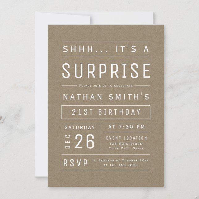 Invitación Kraft Modern Simple Typography Surprise Cumpleaños (Anverso)