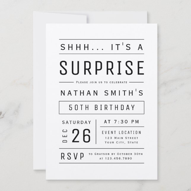 Invitación Kraft Modern Simple Typography Surprise Cumpleaños (Anverso)