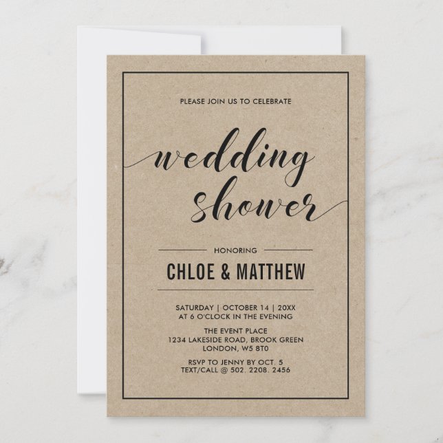 Invitación Kraft Modern Typography Parejas Wedding Shower (Anverso)