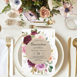 Invitación Kraft Moody & Rustic Burgundy Floral Frame & Gold