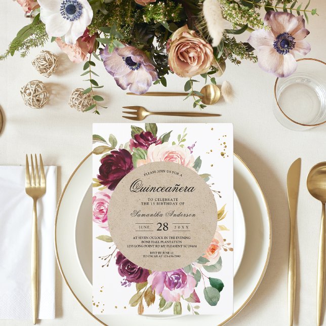 Invitación Kraft Moody & Rustic Burgundy Floral Frame & Gold (Subido por el creador)