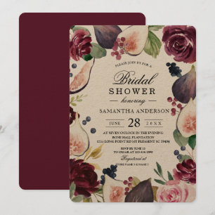 Invitación Kraft Moody y Rustic Burgundy Figs & Flores