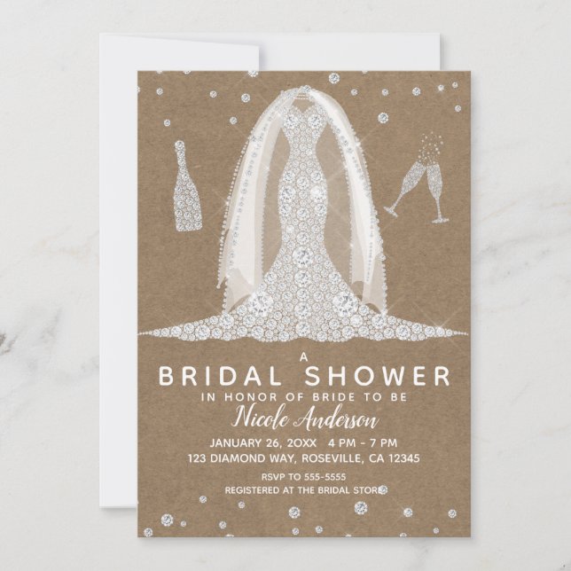 Invitación Kraft Paper Diamond Boda Vestido Brillante Ducha (Anverso)