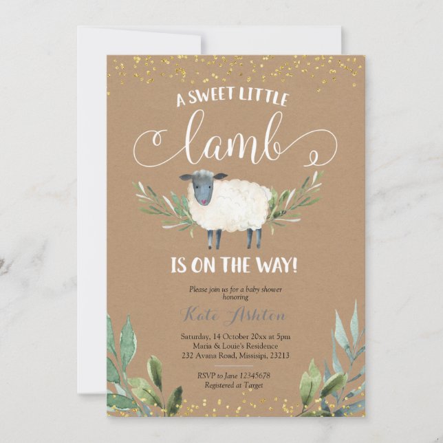Invitación Kraft Paper Sweet Little Lamb Greenery Baby Shower (Anverso)