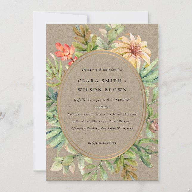 INVITACIÓN KRAFT PEACH DESERT SUCCULENT CACTI FOLIAGE BODA (Anverso)