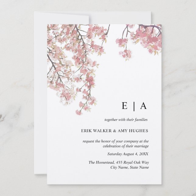 Invitación Kraft Pink acuarela Cherry Blossom Boda (Anverso)