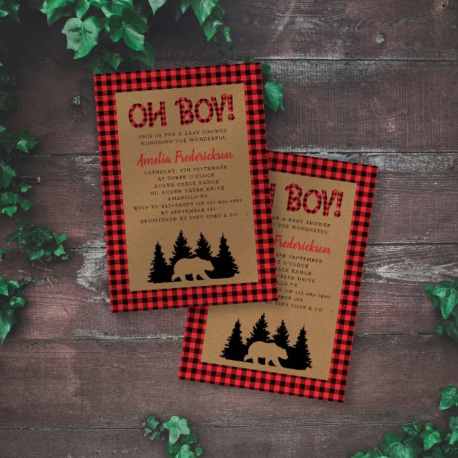 Invitación Kraft Plaid Oh Boy Rustic Baby Shower (Subido por el creador)