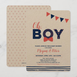 Invitación Kraft, Rojo & Azul Marino | Moderno Baby Shower de