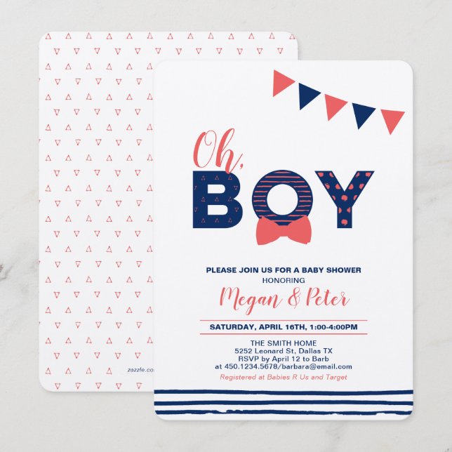 Invitación Kraft, rojo y marina | Moderna Baby Shower "Oh Boy (Anverso / Reverso)