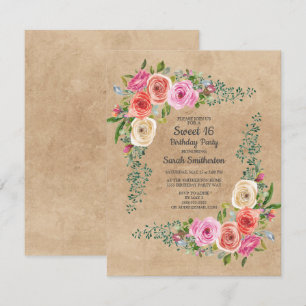 Invitación Kraft Rosa Marfil Acuarela Floral Dulces 16