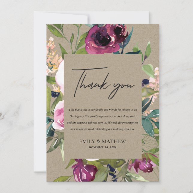 INVITACIÓN KRAFT RUBOR BURGUNDY FLORA BUNCH BODA GRACIAS (Anverso)